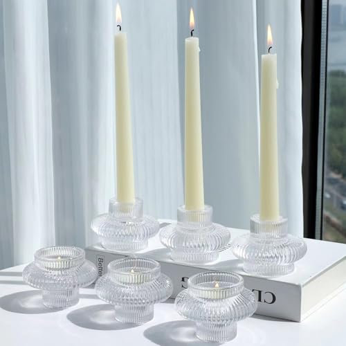 Vohocandle 6pcs Clear Candle Sticks Holder for Tealight & Taper Candles, Glass Candlestick Holders for Wedding Table Centerpiece, Tea Light Candle Holders for Shelf, Porch, Home Decoration