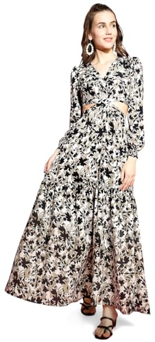 Sheetal Associates Women's Crepe Fit and Flare Printed Full Sleeve V-Neck Casual Dress