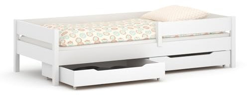 WNM Group Kinder Einzelbett Miki mit Schubladen, 4 Farben, viele verschiedenen Größen, Massivholz & Holz-Platte, 180x80, Weiß