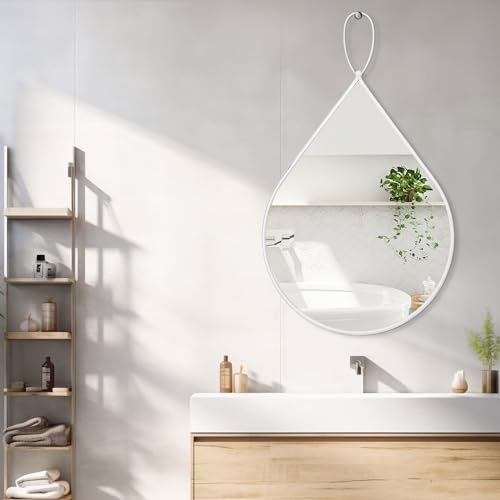 FEUFOAM Teardrop Wall Mirror Metal Frame Hanging Mirror Oval Wall Mirrors Decorative for Entryway Living Room Bathroom Hallway White Home Decor 65x45 cm
