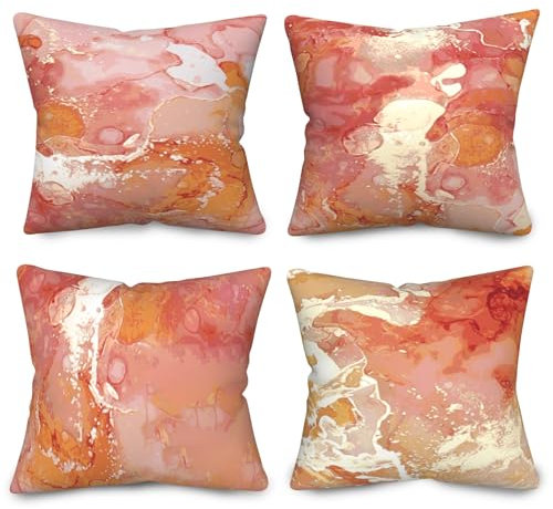 Uiiooazy Federe Cuscini Rosa Antico, Divano Fodera per Cuscino Effetto Marmo Arancia e Oro Decorativa Velluto Divano Copricuscini per Giardino Soggiorno Camera da Letto Auto Maison, Set di 4, 60x60cm