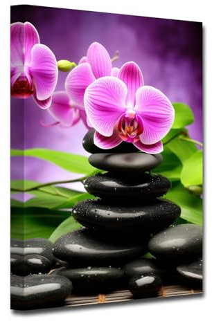 CXHOSTENT Zen Leinwand Wandbilder lila Orchidee Blumen und Stein Kunstdrucke Meditation Yoga Bilder Spa Kunstwerk Badezimmer Wanddekoration (A, 40.00 x 60.00 cms)
