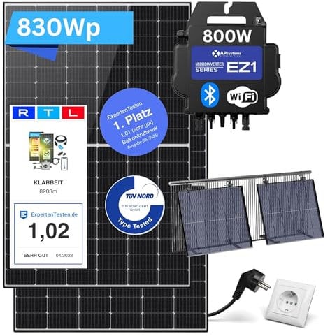 Balkonkraftwerk Komplettset mit Halterung - KLARBEIT | 2x Full Black 440w Solarpanel | 800W Wechselrichter | Balkon Mini Solaranlage 800W | Photovoltaik Komplettset