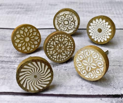 ARTISNO Assorted Designs Wood Hndpainted Door Knobs, Vintage, Shabby Chic, Interior Furniture, Cabinet Cupboard Drawers Pulls Handles, set 6