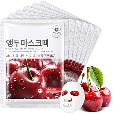Shefave Korean Sheet Mask Korean Kirsch Tuchmasken 6 Stück Essence Gesichtsmaske Nährende Maske Beauty, Gleichmäßiger Hautton, Hydrating, Verbessert Mattheit, Antioxidans