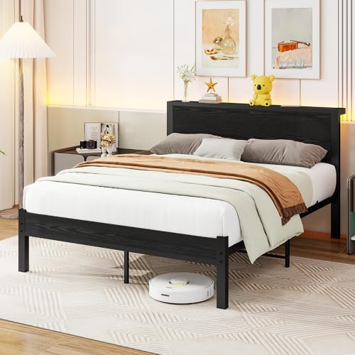 Diahomy Double Bed Frame Metal Platform Bed Frame with Wood Headboard/Mattress Base/Underbed Storage/No Box Spring Needed/Black