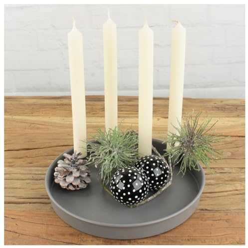 Macosa Kerzenteller Grau 25 cm Metall Adventskranz modern 4 Kerzenhalter | Adventsgesteck und Dekoteller mit magnetischen, verstellbaren Haltern für Stabkerzen, Höhe 3 cm, Tischdeko für Advent
