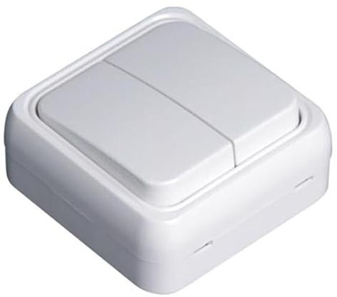 Doble conmutador de superficie, color blanco, instalación fácil, control de luz, ideal para espacios domésticos y comerciales.