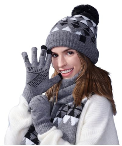 SRZYMJ Grey Wintermütze Schal Handschuhe Set， Wintermütze Touchscreen Handschuhe Lang Schal Set Unisex Beanie Mütze Fleece Warme Haube Winterschal Kaschmir Strickmütze Strickschal Thermo Handschuhe