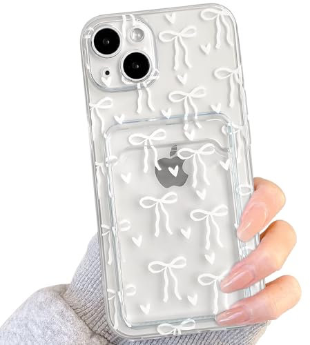 NITITOP Compatible with iPhone 14 Case Clear with Card Holder Cute Bowknot Ribbon Heart Pattern for Women Girls Bow Soft TPU Shock-absorbing Wallet Apple Case Protective Cover - White