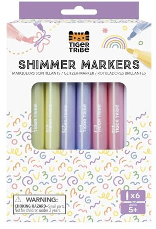 Tiger Tribe Shimmer Markers - 6pcs Glitter Marker Pens, Quick Drying, Kids Craft Sets, Fun Crafting Activity, Stationery Gifts For Children, Age 5 Years +