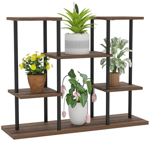 Outsunny portapiante a 4 livelli, portafiori alto 61,5 cm per interni esterni, portapiante in legno, portafiori a più livelli, portavaso per soggiorno, giardino, balcone, carbonizzato