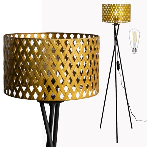 Osasy Stehlampe dimmbar Gold, Dreibein, E27 LED, 147 cm, Wohnzimmer | Goldener Metall-Gitterschirm · 6W E27 LED inklusive · für Wohnzimmer, Schlafzimmer,dekorative Zusatzbeleuchtung