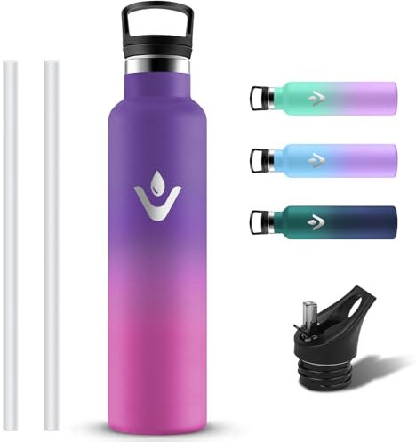 Grsta Botella Agua Acero Inoxidable, Botella Termica 1 litro sin BPA a Prueba de Fugas, Cantimplora Termica con Pajita y Filtro, Reutilizable Termo con 2 Tapones para Bicicleta, Colegio, Gym