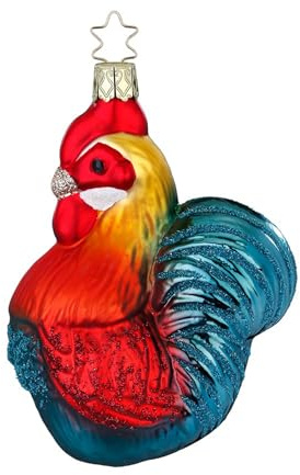 Christbaumschmuck Hahn 11cm mundgeblasenes Glas handbemalt - Weihnachtskugel Figur mit Glitzerfedern zum Aufhängen - Weihnachtsbaum Anhänger - Winterfigur & Weihnachtsbaumschmuck Türkis Bunt