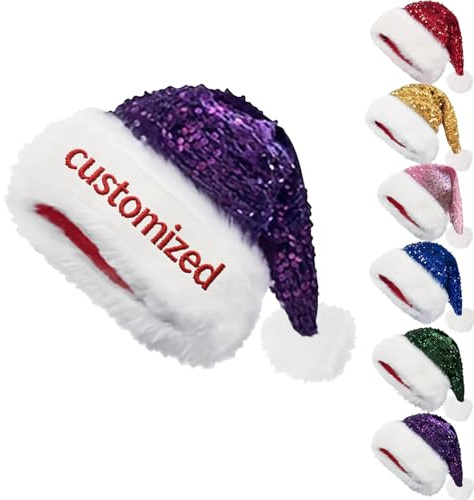 Generisch Custom Weihnachten Pailletten Santa Hut, Personalisierte Funkelnde Weihnachten Pailletten Hut mit Namen für Erwachsene, Weihnachtskostüm Fancy Kleid Zubehör