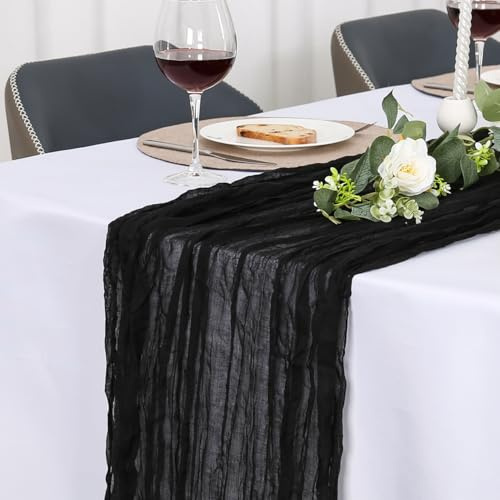Jumdast 2 Stück Tischläufer Schwarz, Käsetuch Tischläufer Boho Modern | Tischläufer Outdoor Halloween abwaschbar Musselin Chiffon Stoff Hochzeitsdeko Taufe Deko Tischdeko (Schwarz, 90 x 300 cm)