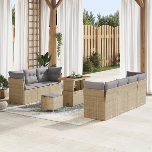 ZQQLVOO 10-teiliges Garten-Sofa-Set aus beigem Poly-Rattan mit Stahlgestell, Outdoor-Wohnlandschaft für 4 Personen, UV-beständig und wasserfest für Terrasse, Balkon und Garten,