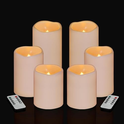 Aku Tonpa 6 Pack Ivory Flameless Candles Set 4 5 6 Outdoor Indoor Pillars 3 Diameter Battery Operated Flickering Candles Include 10-Key Remote Timer Function 400+ Hours