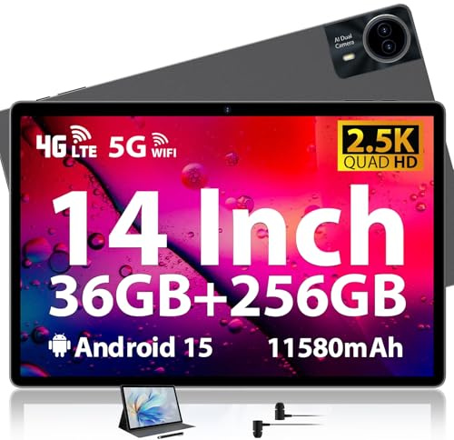 Tablet 14 Inch, 2.5K Display, Android 15, 36GB+256GB/TF 1TB, Dual SIM 4G LTE, Octa-Core, 11580mAh, Quad-speaker, Slim Metal Large Tablet with 5G WiFi/BT5.0/GMS/GPS/13MP, Case/Stylus/Earphone Incl.