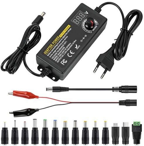 3A 72W Universal Netzteil, AC to DC 3V-24V Adapter Verstellbarer Netzadapter mit LED Spannungsanzeige und 14 Spitzen,Polkonverter,Messleitung, Einstellbares Netzteil für Haushaltselektronik, DC Motor