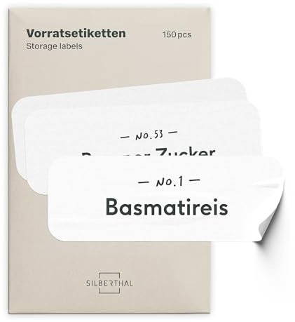 SILBERTHAL Vorratsgläser Etiketten Set (150 Stück) – wasserfest & selbstklebend, 120 vorgedruckt + 30 blanko, rückstandslos ablösbar & wiederverwendbar, 2 Größen (80×30 mm / 40×15 mm), matt weiß