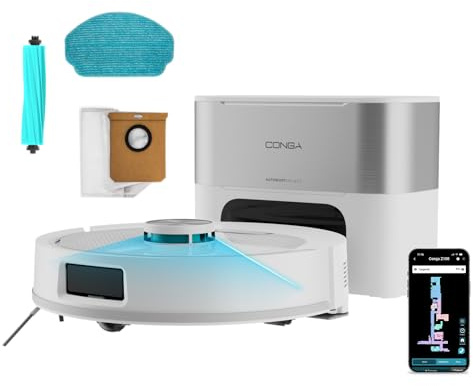 Cecotec Saugroboter mit Wischfunktion Conga Y80 Pearl, 25.000 Pa | 4500-mAh-Akku, Lasernavigation, 3-Liter-Absaugstation, Silikonbürste, 10 cm Bauhöhe und App-Steuerung