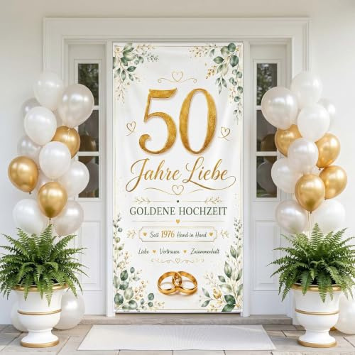 Goldene Hochzeit Deko, Deko Goldene Hochzeitt 50, GGoldene Hochzeit Banner | Deko Goldene Hochzeit, Deko Gold, Türbanner 90 x 185 cm für Wand Tür Fotohintergrund Garten Feier Innen und Außen