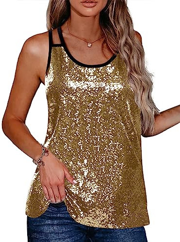 Zeagoo Pailletten Damen Tops Ärmelloses Sparkle Trägershirt Rundhalsausschnitt Party Tank-Tops Shirt Cocktail Vest Shirt Gold L
