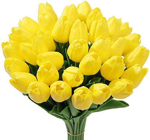 Tifuly 24Stück Künstliche Tulpen, Realistische Latex-Tulpe mit Weichem PU-Stiel, Elegante Blumendekoration für Brautsträuße, Haus, Party, Büro, DIY Blumenarrangements(Gelb)