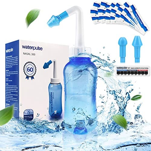 WATERPULSE Neti Pot Sinus Sinusal,300 ml con 60 paquetes de sal,dispositivo de riego nasal,sistema de riego nasal y termómetro adhesivo para adultos y niños,sin BPA