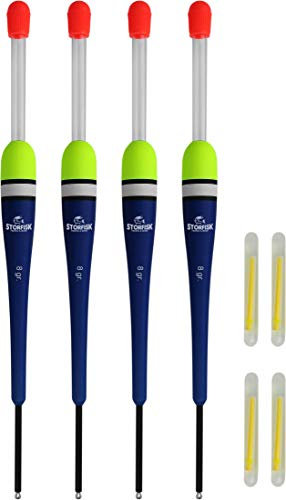Storfisk fishing & more 4er Set Knicklichtposen Laufposen Blau inkl. 4 Knicklichter zum Nachtangeln, Schnurlauf außen, Tragkraft Posen:8 Gramm
