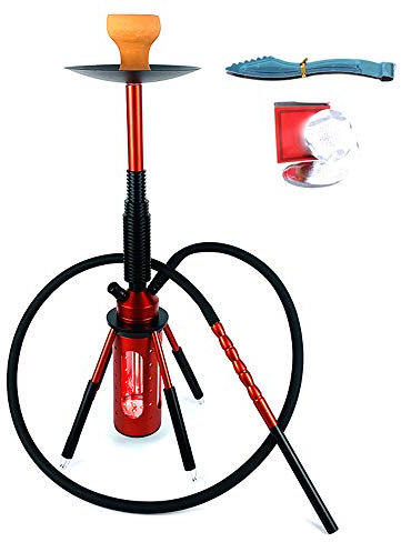 JHKJ Pipa de cachimba Shisha de Manguera única con un tazón, Rejilla de carbón, Abrazadera de carbón y Accesorios de Papel de Aluminio con Aislamiento térmico Kit de Inicio Completo,Rojo