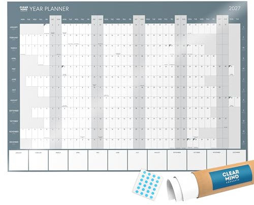 2027 A2 Wall Planner Laminated Dry Wipe Year Planner with UK Holidays | 59.4 × 42 cm reusable 2027 wall planner on premium 300gsm silk paper with UK bank holidays, delivered rolled