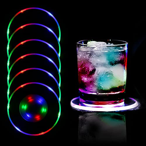 MEDOYOH 6er-Set Bunt LED Untersetzer Leuchtende für Getränke, ON/Off Taste Getränke Untersetzer Set, Wasserdicht Untersetzer Acryl Rund ür Gläser Flaschen Partys Hochzeiten Bar Weihnachten Pub