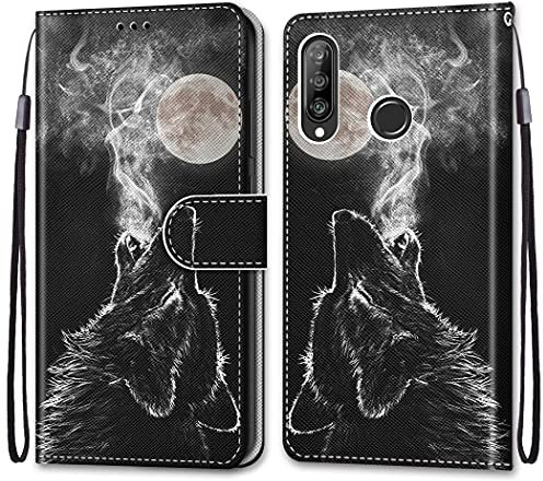 nancencen Kompatibel mit Huawei P30 Lite/Nova 4e Hülle,Wallet (Karten Slot) Schutzhülle PU Leder Flip Cover TPU Magnetische Handyhülle - Schwarzer Wolf