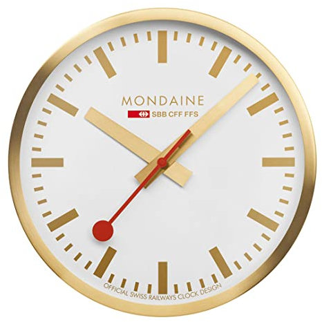 Mondaine - Wall Clock A995.CLOCK.17SBG 40cm - Official Swiss Railways Clock Red Second Hand Gold Aluminium Casing - Dust Resistant Wall Clocks