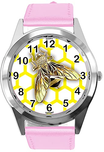 TAPORT Quarzuhr aus Leder, rund, für Bienen-Fans, Babyrosa