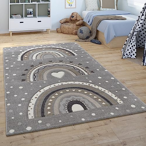 Paco Home Kinderteppich Kinderzimmer Teppich Kurzflor Junge Mädchen Herz Punkte Grau Creme, Grösse:120x170 cm