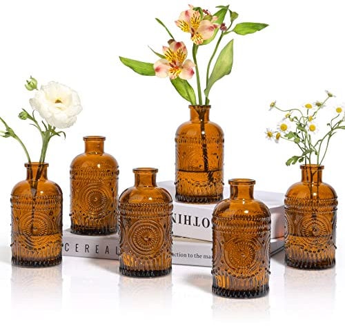ComSaf Lot de 6 Mini vases en Verre Vintage, Mini Bouteilles Décoratives Vintage, Petits Centres de Table en Verre Mini Vase à Roses pour, Réception de Mariage, Décoration D'intérieur, Brun