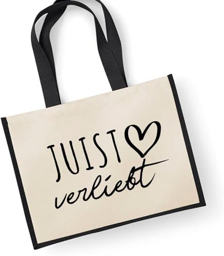 Huuraa Jutetasche Juist verliebt Geschenk 21 Liter Black Jute und Baumwolle Einkaufstasche Juist Geschenkidee