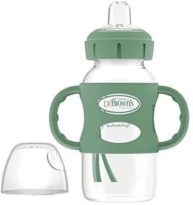 Dr. Brown's Milestones Wide-Neck Sippy Bottle with 100% Silicone Handles, Easy-Grip Bottle with Soft Sippy Spout, 9oz/270ml, 6m+, Khaki Green, 1-Pack, BPA Free