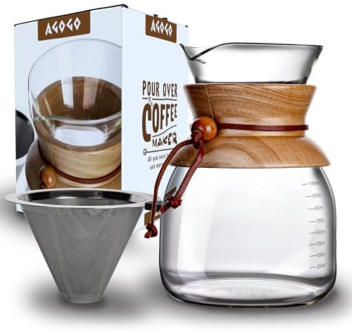 AGOGO Pour Over Glass Coffee Maker Dripper with Metal Filters Carafe High Capacity 800-1000ml (1000ml)