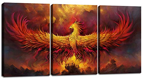 Yetaryy Fantasy Wandkunst Leinwanddrucke Golden Red Burning Phoenix Vulkanic Ancient Mystic Animal Birds Wohnzimmer Schlafzimmer Home Decor Wanddekoration 3 Paneele Holz Gerahmtes Poster – 182,9 cm B
