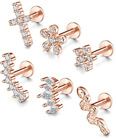 JSDDE 6er Rosegold Helix Piercings 16ga 6mm Labret Tragus Knorpel Ohrpiercing Kreuz Blume CZ Ohrringe Ohr Piercing Schmuck für Damen Frauen