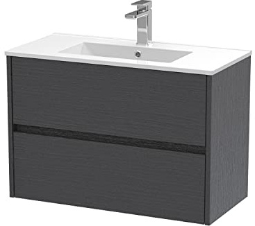 Hudson Reed HAV2206B Havana Wall Hung 2 Drawer Vanity Unit & Minimalist Ceramic Basin, 800mm, Woodgrain Graphite Grey