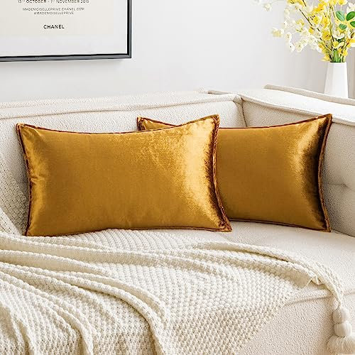 MIULEE 2er Set Samt Kissenbezug Flansch Kissenhülle Dekorative Sofakissen Dekokissen Umwickelte Kante Kissenbezüge Zierkissenbezug für Sofa Wohnzimmer Schlafzimmer 40x60 cm Champagner Golden