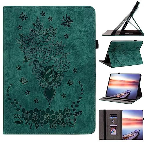 Custodia per tablet Kindle Fire HD 10 (7a/9a generazione 2017/2019), in pelle PU di alta qualità con farfalla fiore antiurto multi-angolazioni, custodia leggera per tablet Kindle Fire HD 10, verde
