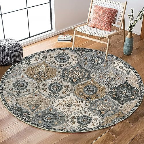 Nyescasa Runder Vintage Boho Teppich - Waschbarer Baumwollteppich Mit Mandala-Druck - Flauschig Modern für Wohnzimmer, Schlafzimmer, Esszimmer, Küche - 80cm Rund