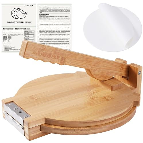 ZUJJAFY Tortilla Press 10 Inch Bamboo Tortilla Maker with 100 Parchment Paper, Mexican Tortillera Presser Homemade Tortillas Pataconera Dough Press